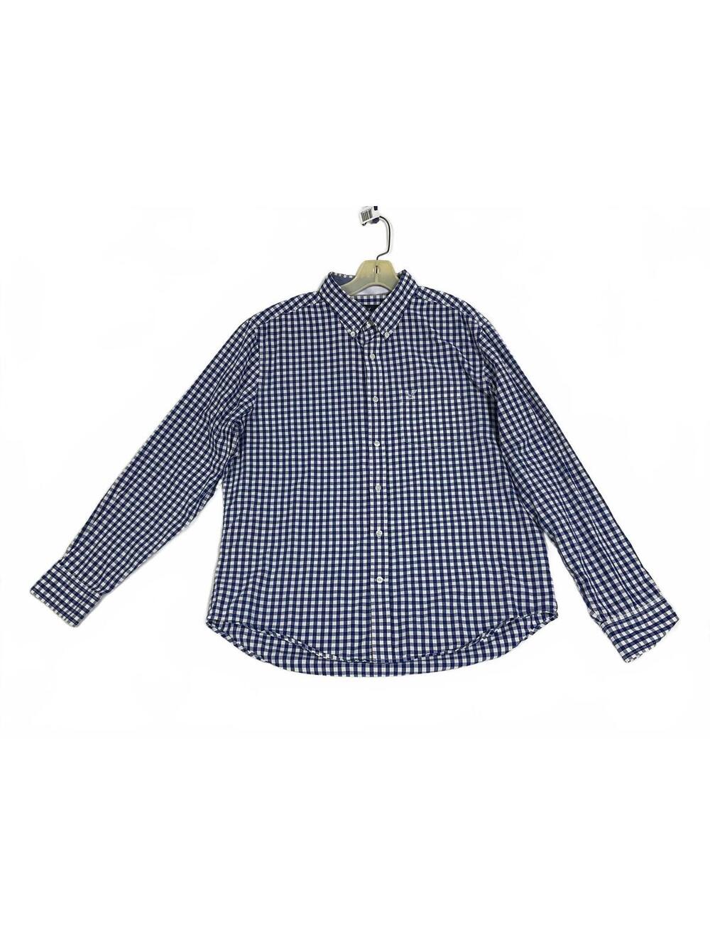 American Eagle Classic Fit Blue and White Checkered Button-Up Shirt Large B33
